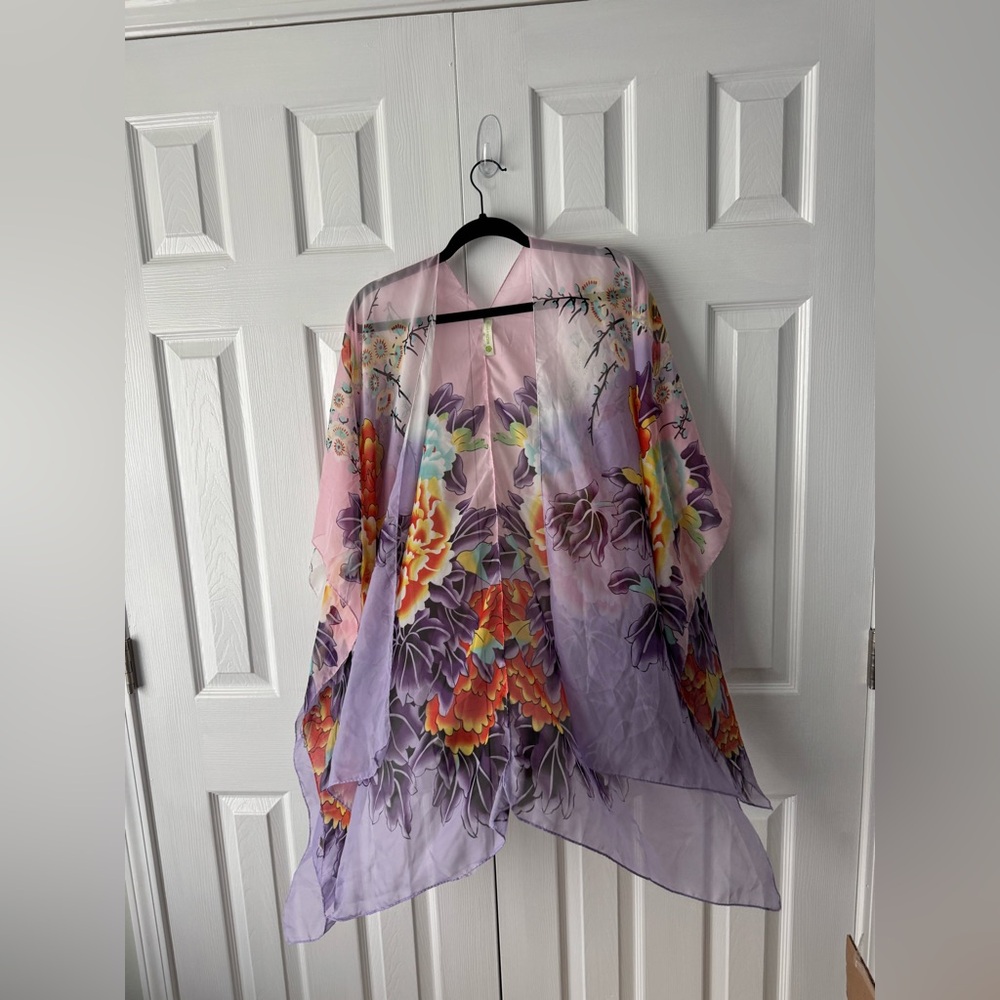 Melissa Louise Watercolor Floral Kimono Wrap Pink Purple Orange Boho Layer